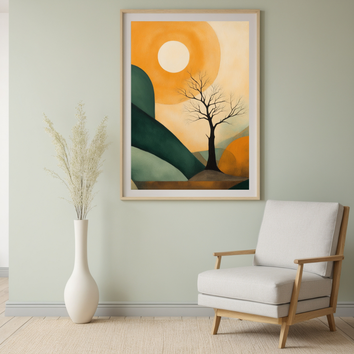 Lone Tree Under Sun Canvas | Warm Abstract Nature Scene | Boho Modern Wall Art
