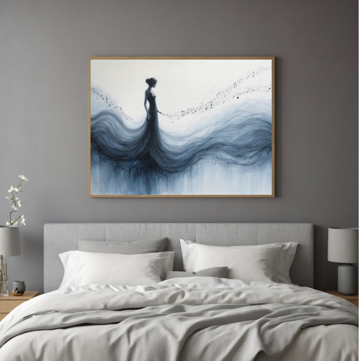 Elegant Lady with Music Wall Art | Navy Gown Silhouette | Artistic Modern Canvas Print