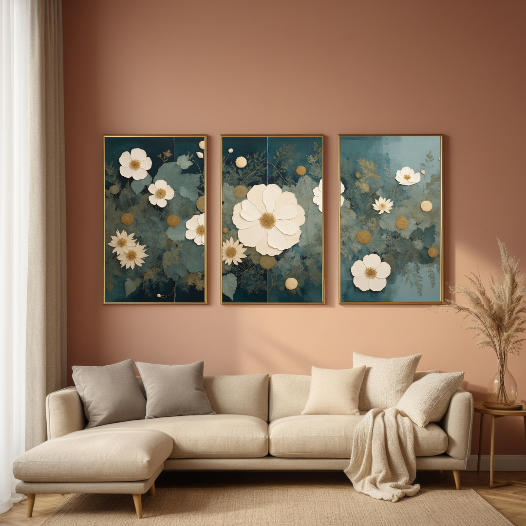 Neutral Floral Wall Art | White & Gold Blooms on Teal Canvas | Elegant Botanical Home Decor