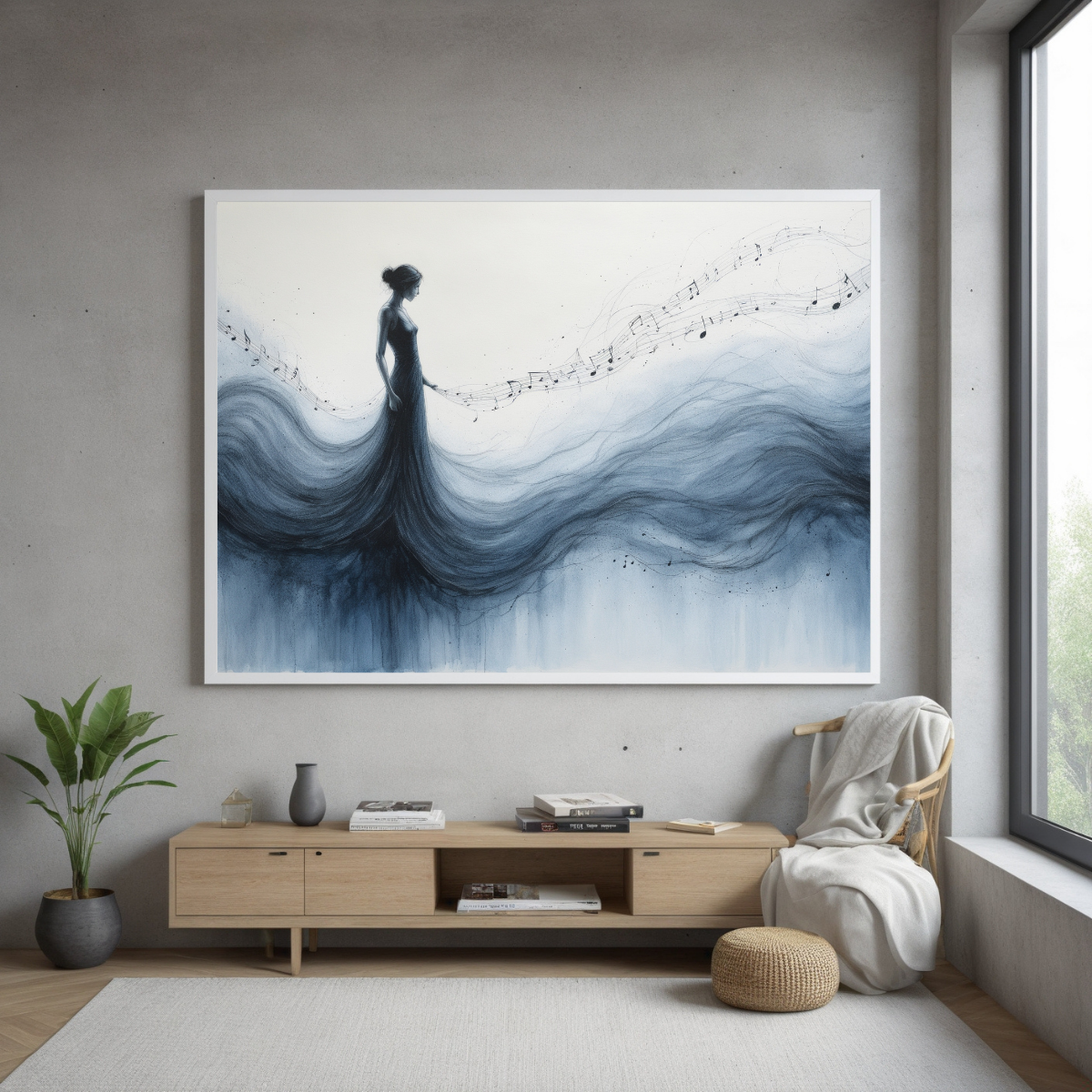 Elegant Lady with Music Wall Art | Navy Gown Silhouette | Artistic Modern Canvas Print