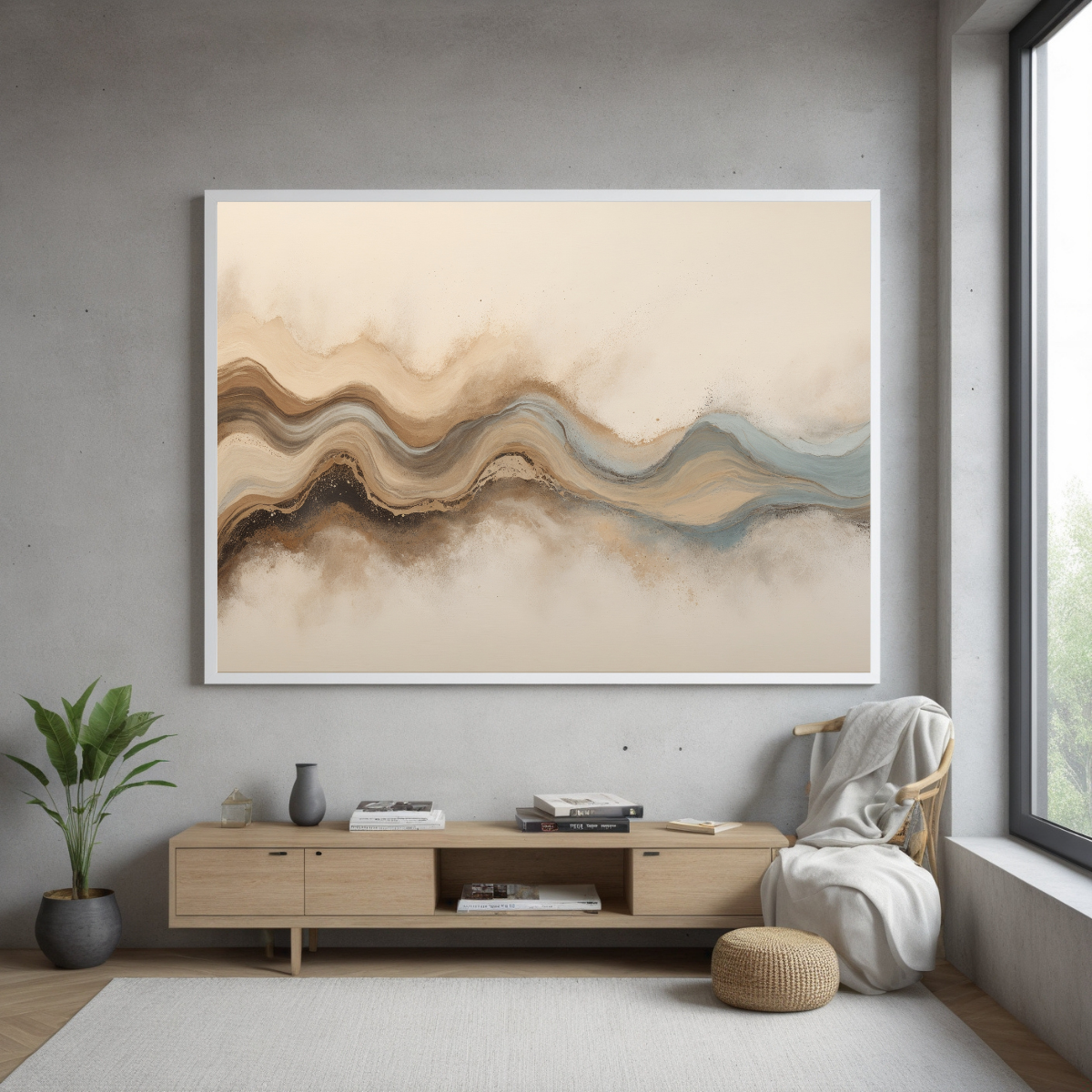 Earthy Abstract Wave Wall Art | Neutral & Blue Minimalist Landscape Art| Modern Canvas Decor