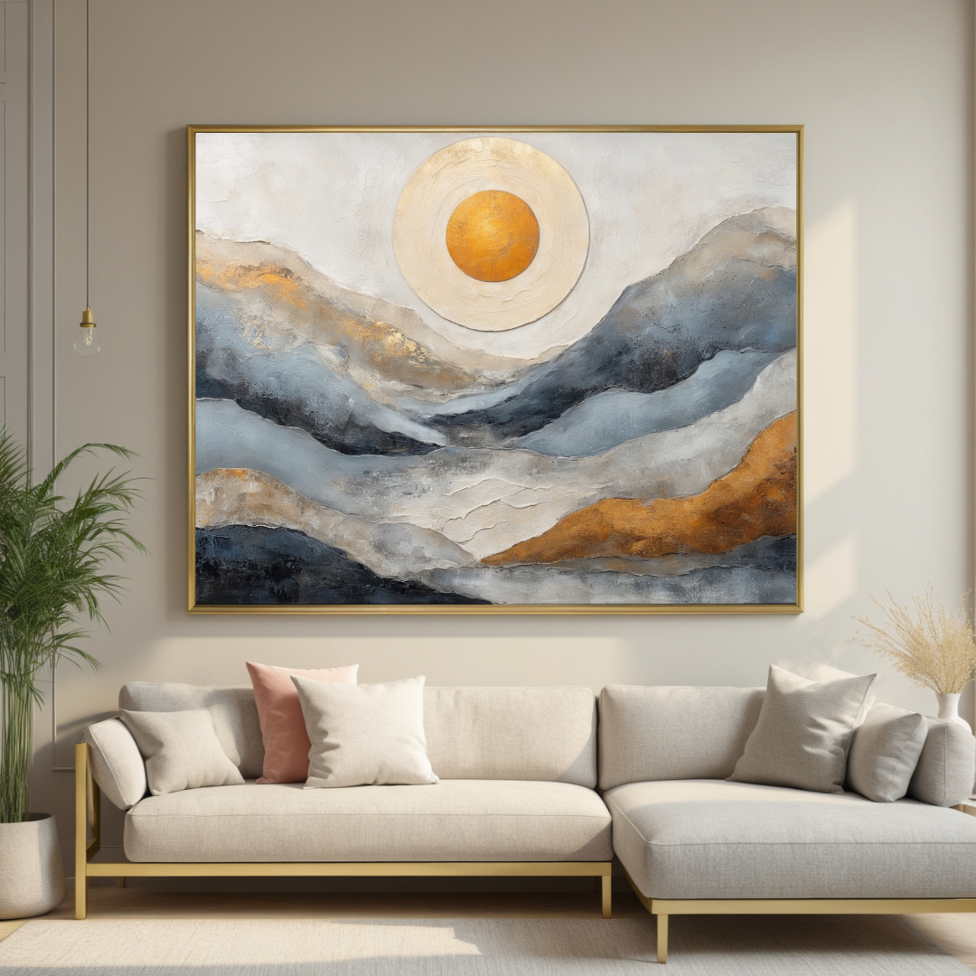 Golden Glow Landscape Canvas | Textured Blue & Ochre Art Print | Minimalist Wall Accent