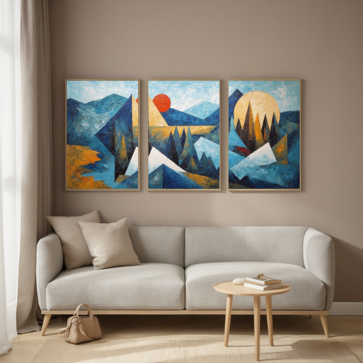 Geometric Mountain Triptych | Blue & Gold Abstract Landscape Wall Art | Modern Canvas Set