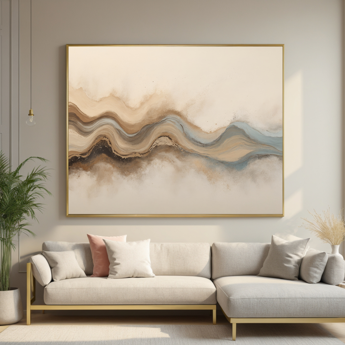 Earthy Abstract Wave Wall Art | Neutral & Blue Minimalist Landscape Art| Modern Canvas Decor