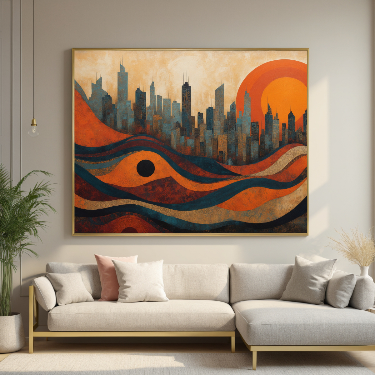 Modern Abstract Cityscape Art | Sunset Skyline & Waves Print | Urban Wall Decor