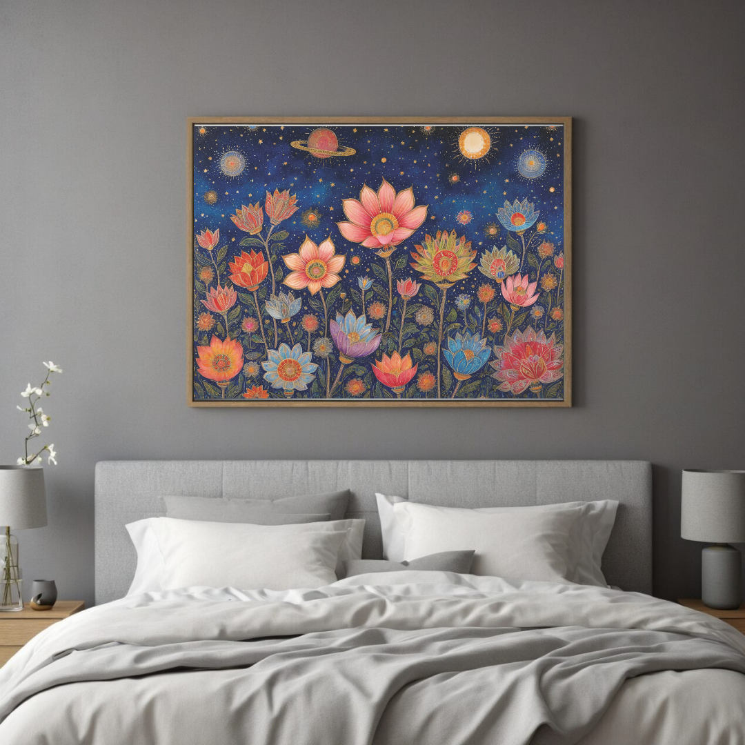 Mystical Floral Night Sky Art | Dreamy Canvas Wall Decor"