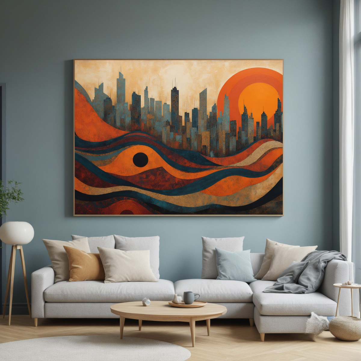 Modern Abstract Cityscape Art | Sunset Skyline & Waves Print | Urban Wall Decor