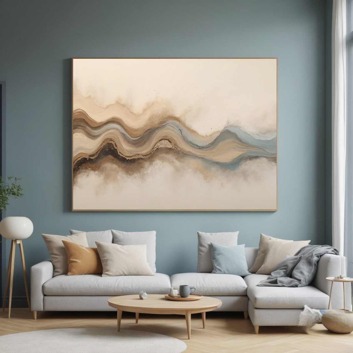 Earthy Abstract Wave Wall Art | Neutral & Blue Minimalist Landscape Art| Modern Canvas Decor