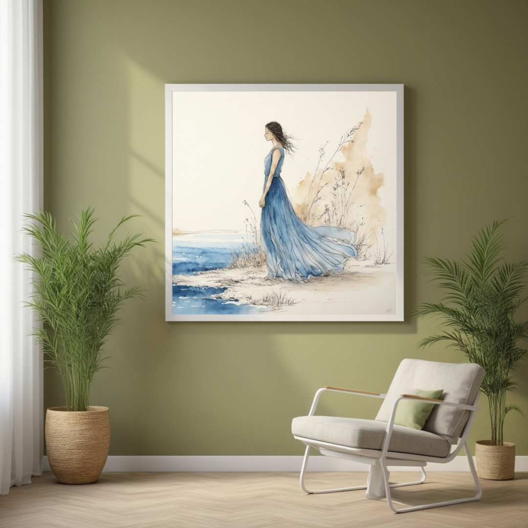 Elegant Woman in Blue Dress Art | Minimalist Coastal Canvas