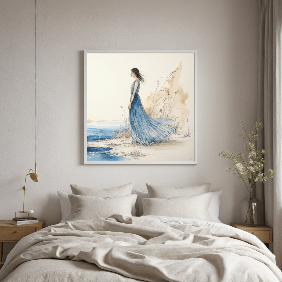 Elegant Woman in Blue Dress Art | Minimalist Coastal Canvas