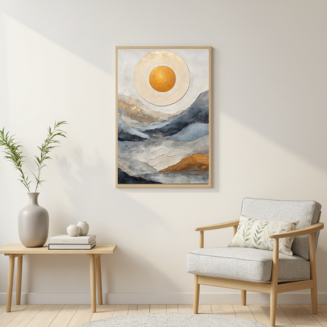 Golden Glow Landscape Canvas | Textured Blue & Ochre Art Print | Minimalist Wall Accent