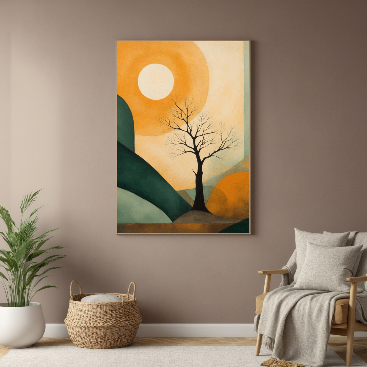 Lone Tree Under Sun Canvas | Warm Abstract Nature Scene | Boho Modern Wall Art