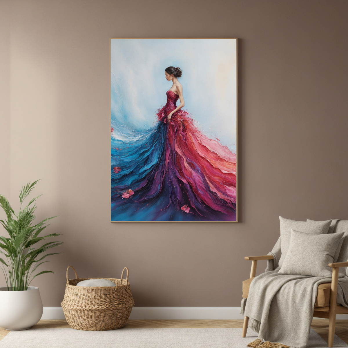 Elegant Woman in Flowing Dress | Red & Blue Abstract Wall Art | Modern Feminine Canvas