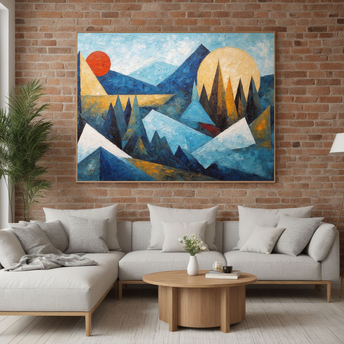 Geometric Mountain Triptych | Blue & Gold Abstract Landscape Wall Art | Modern Canvas Set