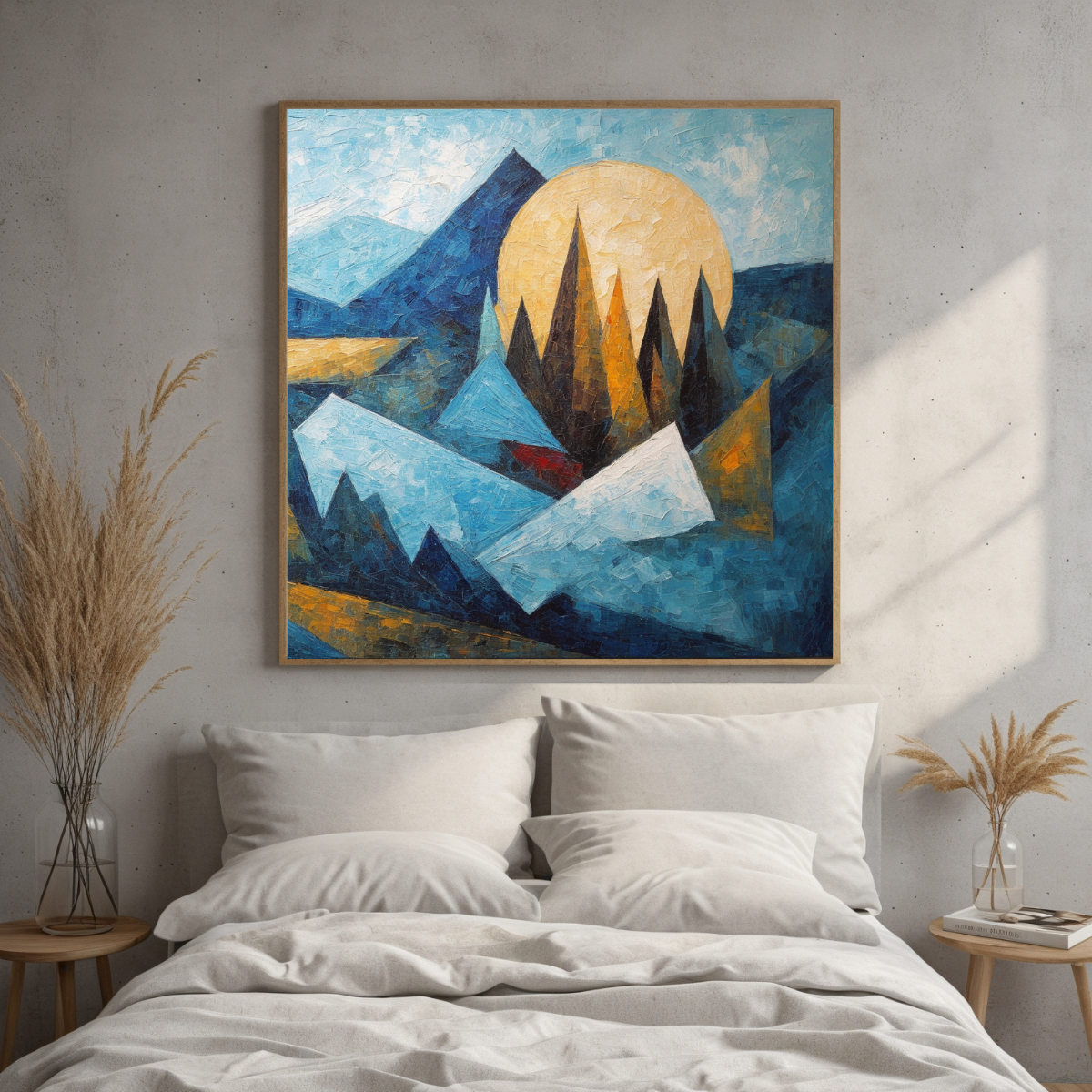 Geometric Mountain Triptych | Blue & Gold Abstract Landscape Wall Art | Modern Canvas Set