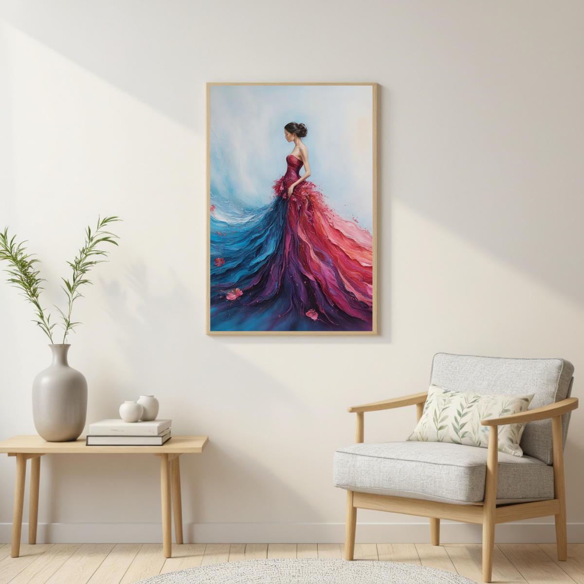 Elegant Woman in Flowing Dress | Red & Blue Abstract Wall Art | Modern Feminine Canvas