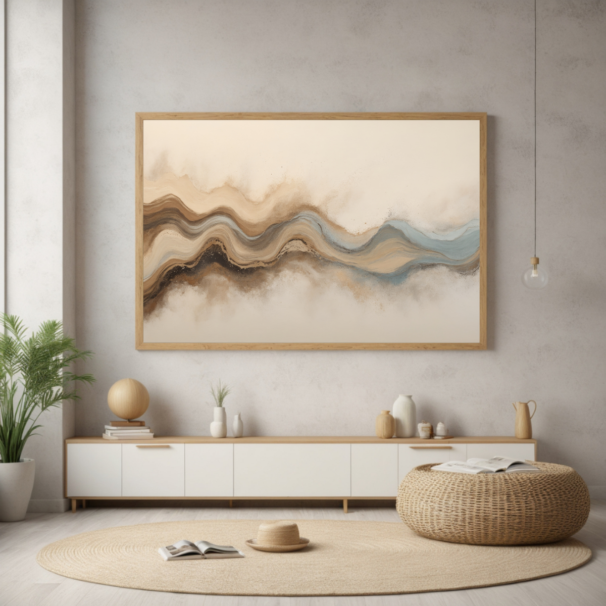 Earthy Abstract Wave Wall Art | Neutral & Blue Minimalist Landscape Art| Modern Canvas Decor
