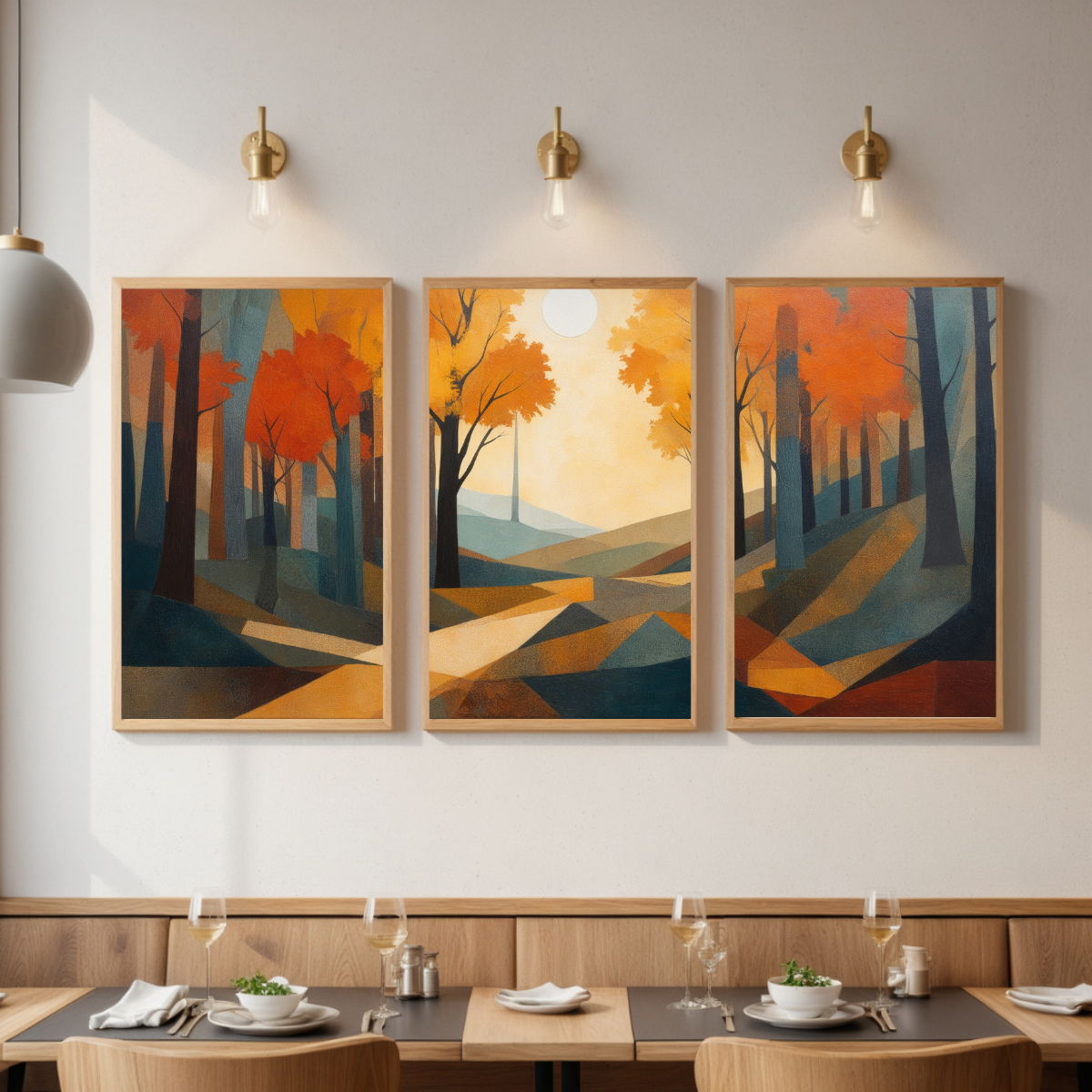 Geometric Autumn Forest Wall Art | Orange & Gold Fall Landscape | Nature-Inspired Canvas