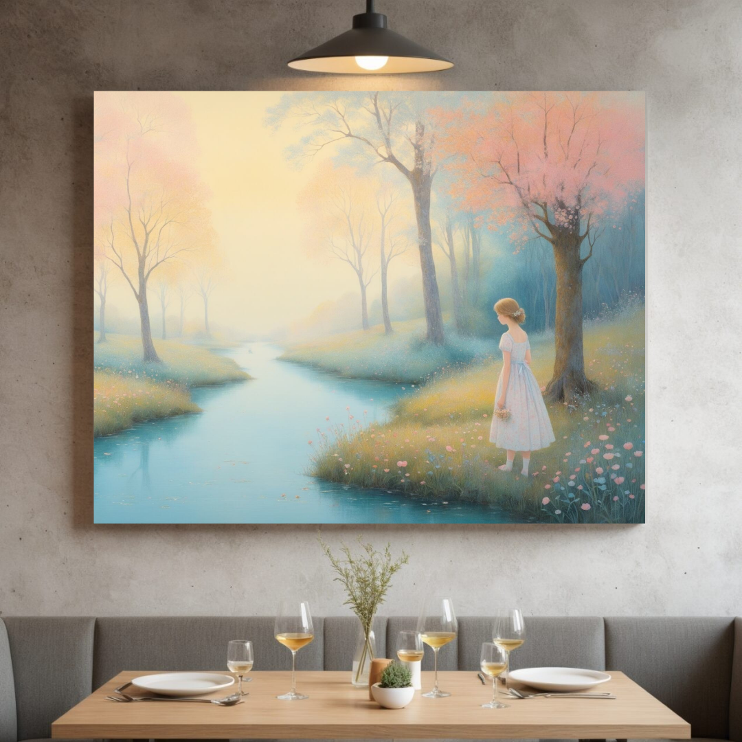Girl by the Blossoming River – Canvas Wall Art