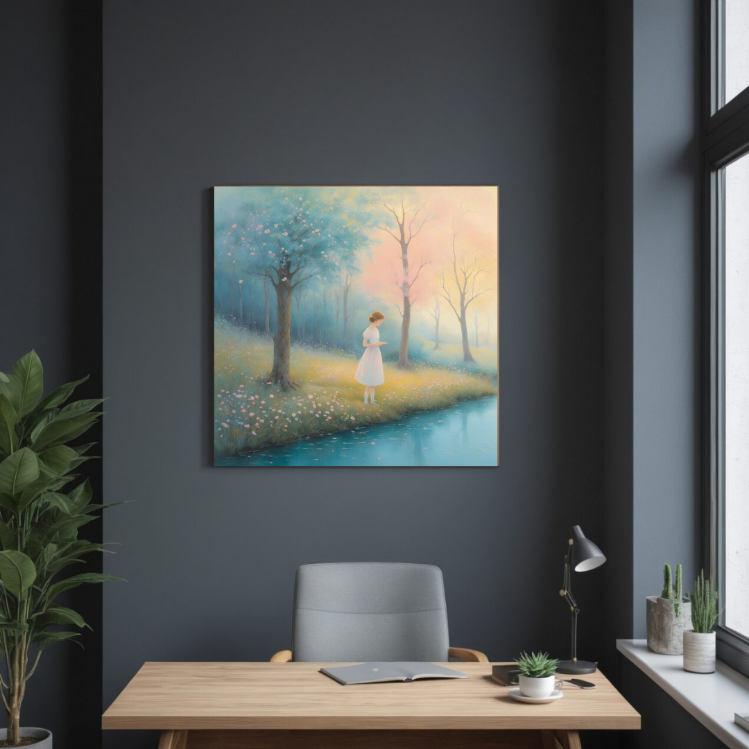Girl by the Blossoming River – Canvas Wall Art