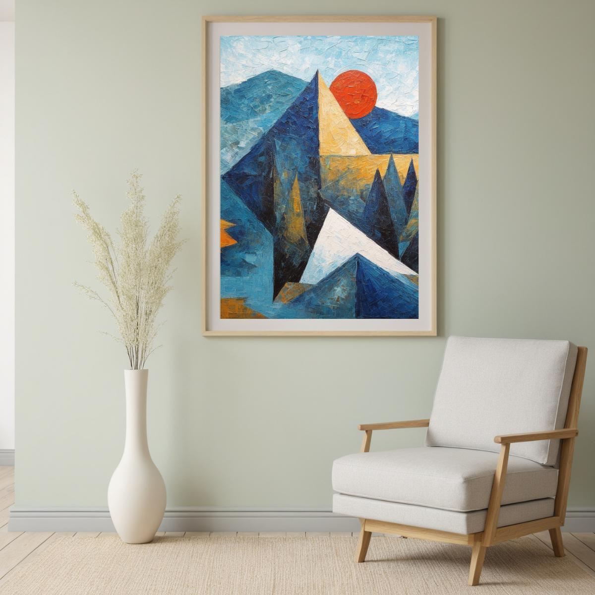 Geometric Mountain Triptych | Blue & Gold Abstract Landscape Wall Art | Modern Canvas Set