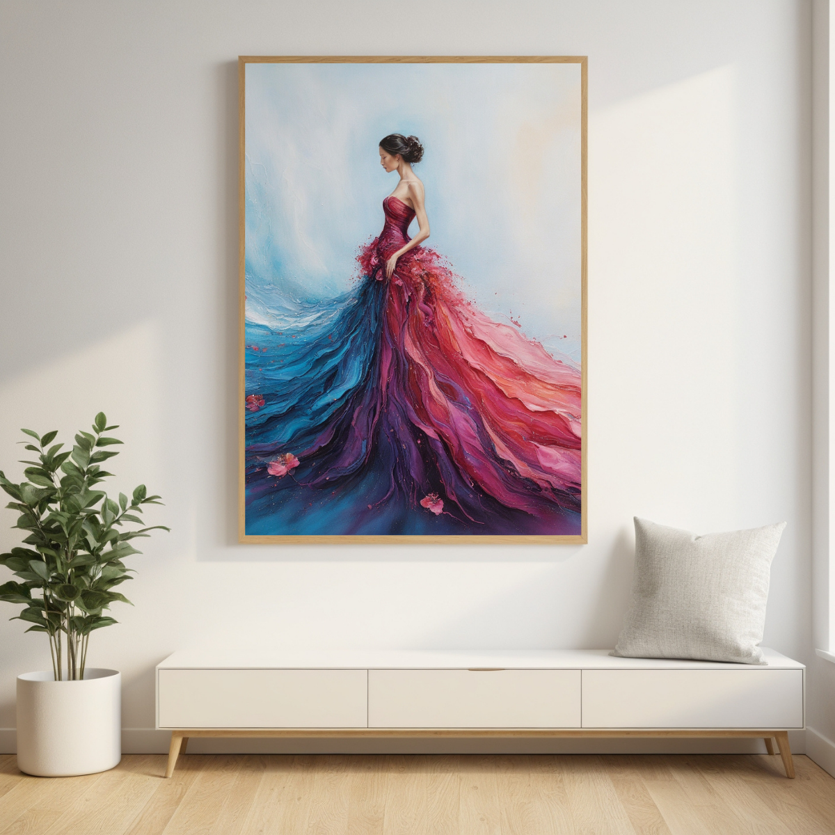 Elegant Woman in Flowing Dress | Red & Blue Abstract Wall Art | Modern Feminine Canvas