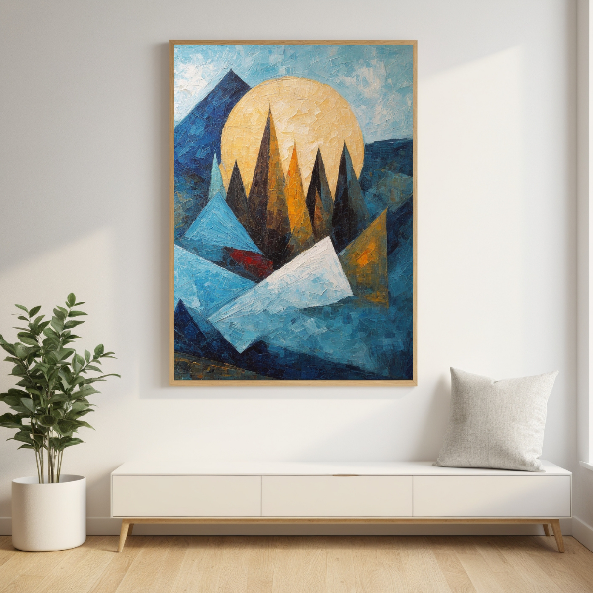 Geometric Mountain Triptych | Blue & Gold Abstract Landscape Wall Art | Modern Canvas Set