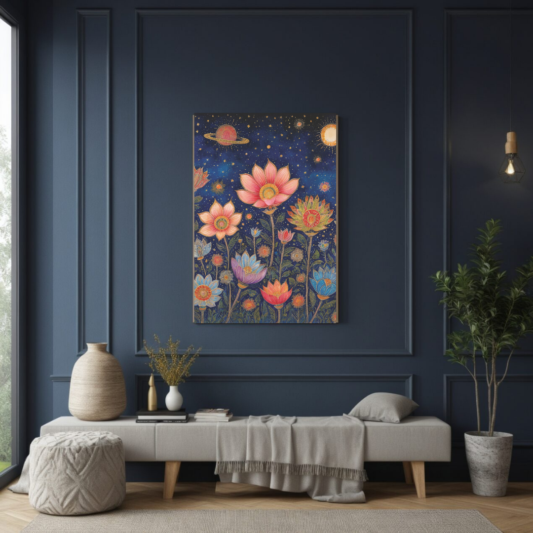Mystical Floral Night Sky Art | Dreamy Canvas Wall Decor"