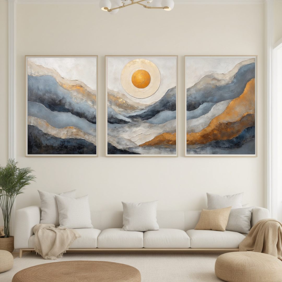 Golden Glow Landscape Canvas | Textured Blue & Ochre Art Print | Minimalist Wall Accent