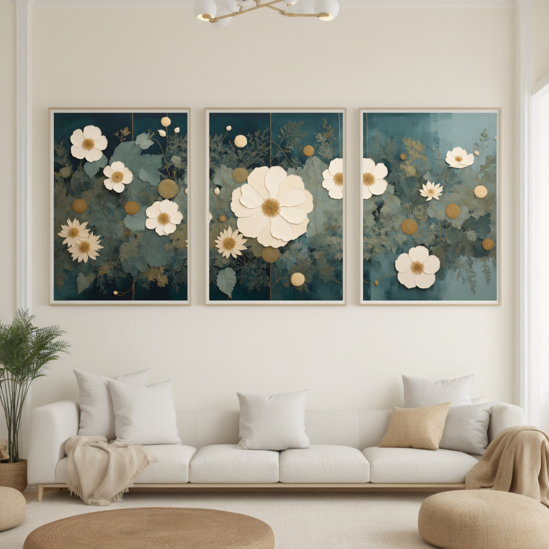 Neutral Floral Wall Art | White & Gold Blooms on Teal Canvas | Elegant Botanical Home Decor