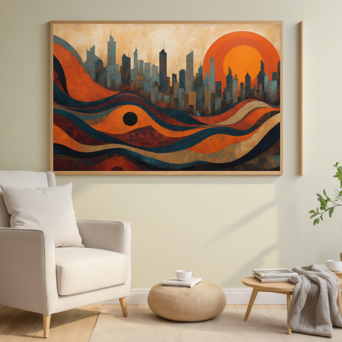 Modern Abstract Cityscape Art | Sunset Skyline & Waves Print | Urban Wall Decor