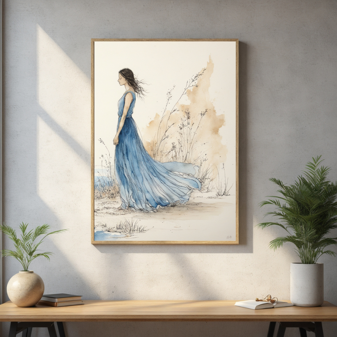Elegant Woman in Blue Dress Art | Minimalist Coastal Canvas