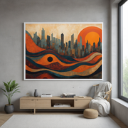 Modern Abstract Cityscape Art | Sunset Skyline & Waves Print | Urban Wall Decor