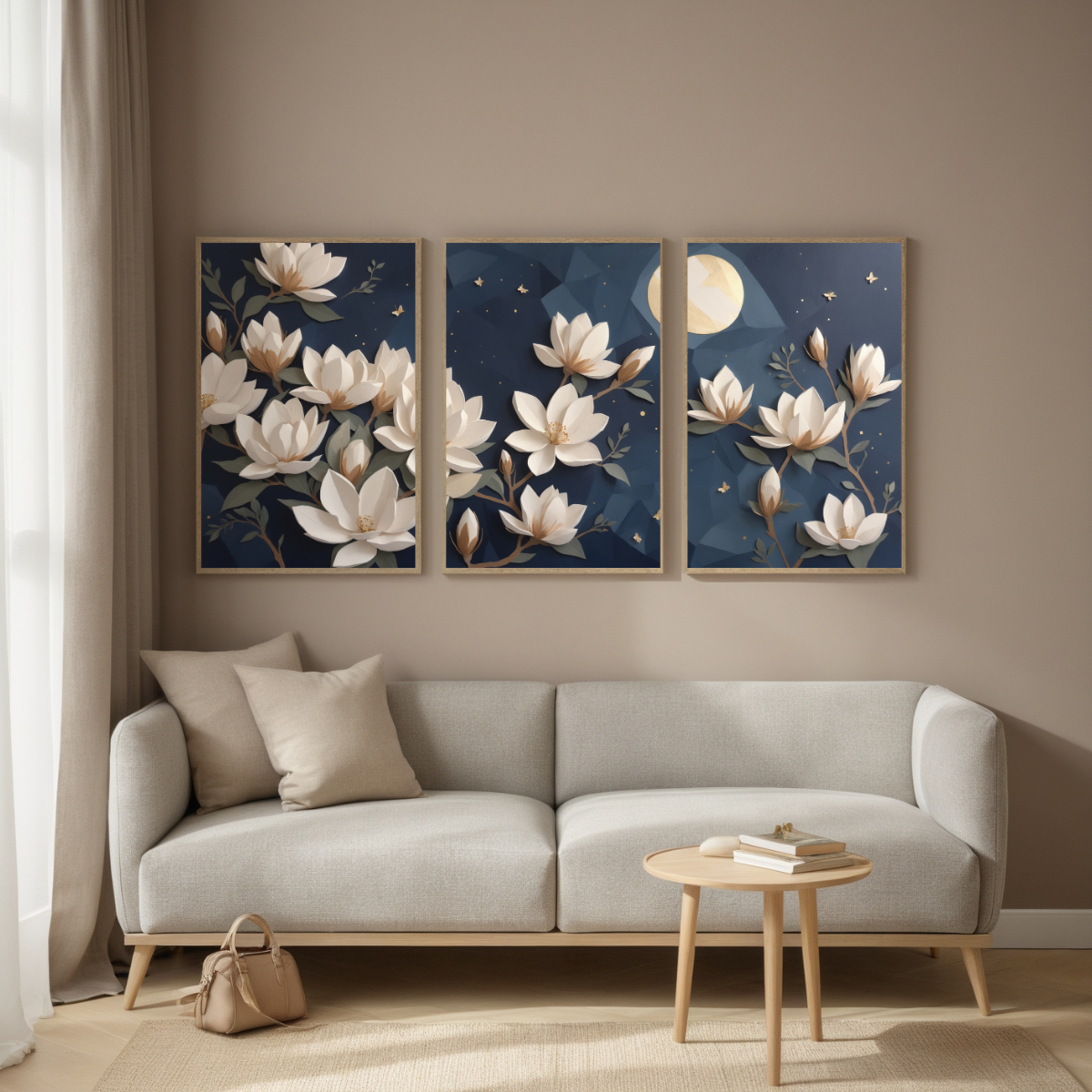 White Magnolia Flower Triptych | Dark Blue Moonlit Background | Romantic Botanical Wall Art