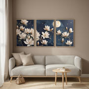 White Magnolia Flower Triptych | Dark Blue Moonlit Background | Romantic Botanical Wall Art