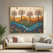 Madhubani Magic – Blooming Trees & Butterflies | Boho Nature-Inspired Canvas Wall Art