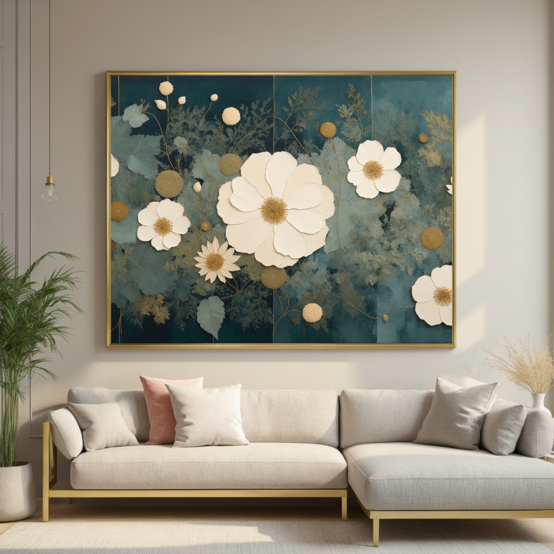 Neutral Floral Wall Art | White & Gold Blooms on Teal Canvas | Elegant Botanical Home Decor