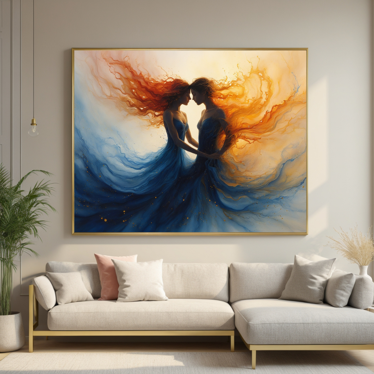 Yin Yang Feminine Energy Wall Art | Fire & Ocean Dress Painting | Spiritual Abstract Canvas