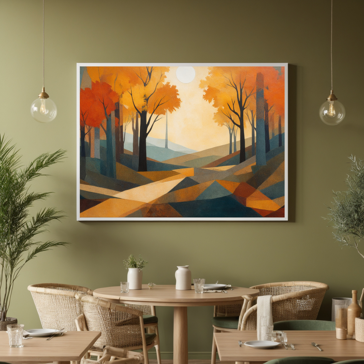 Geometric Autumn Forest Wall Art | Orange & Gold Fall Landscape | Nature-Inspired Canvas