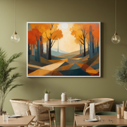 Geometric Autumn Forest Wall Art | Orange & Gold Fall Landscape | Nature-Inspired Canvas