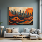 Modern Abstract Cityscape Art | Sunset Skyline & Waves Print | Urban Wall Decor
