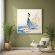 Elegant Woman in Blue Dress Art | Minimalist Coastal Canvas