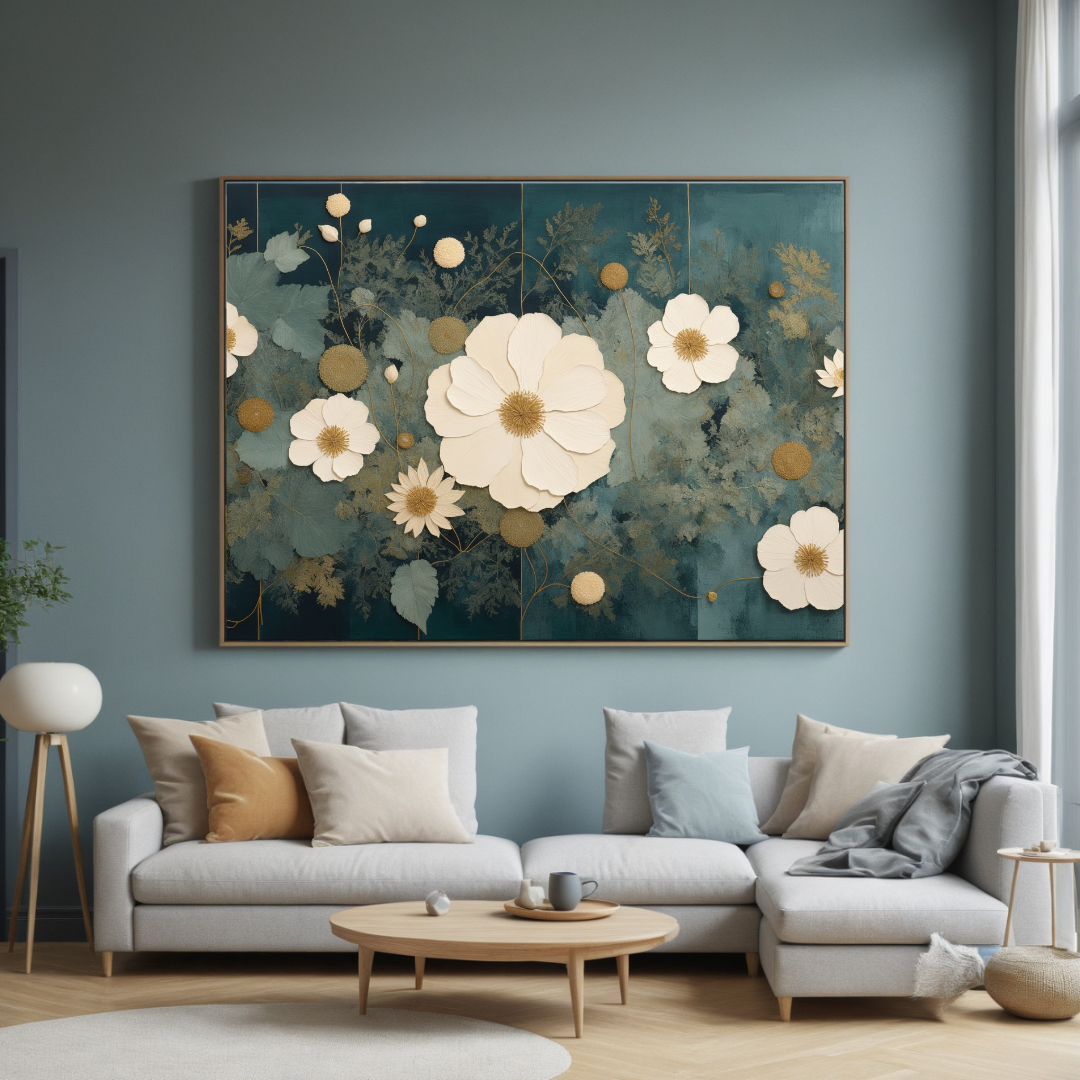 Neutral Floral Wall Art | White & Gold Blooms on Teal Canvas | Elegant Botanical Home Decor