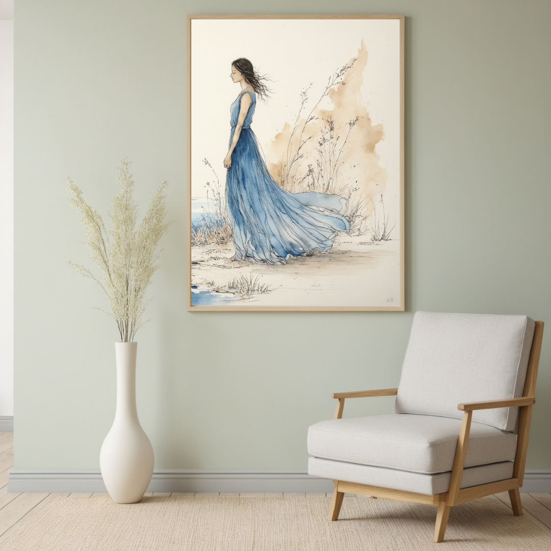 Elegant Woman in Blue Dress Art | Minimalist Coastal Canvas