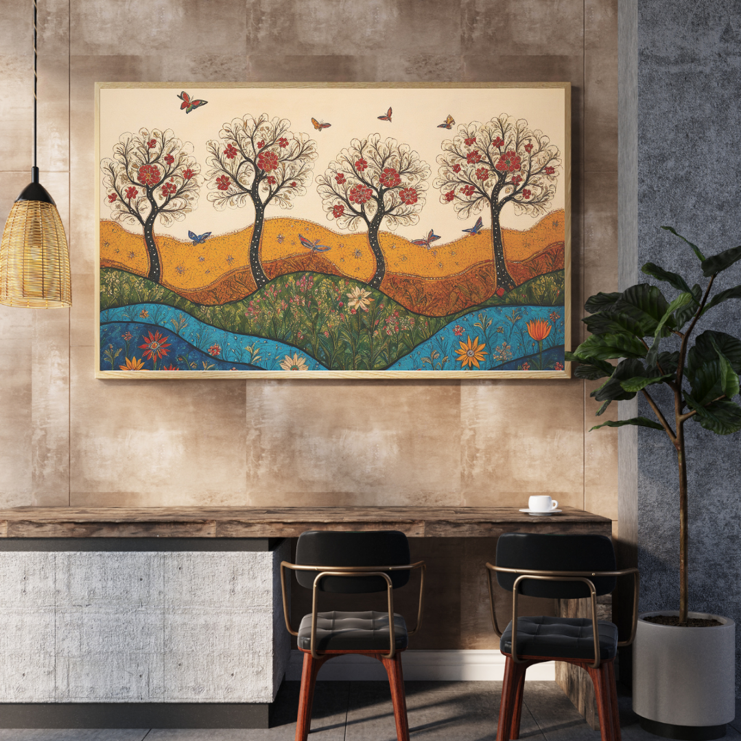 Madhubani Magic – Blooming Trees & Butterflies | Boho Nature-Inspired Canvas Wall Art