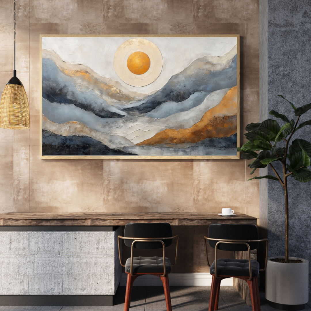 Golden Glow Landscape Canvas | Textured Blue & Ochre Art Print | Minimalist Wall Accent