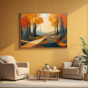 Geometric Autumn Forest Wall Art | Orange & Gold Fall Landscape | Nature-Inspired Canvas