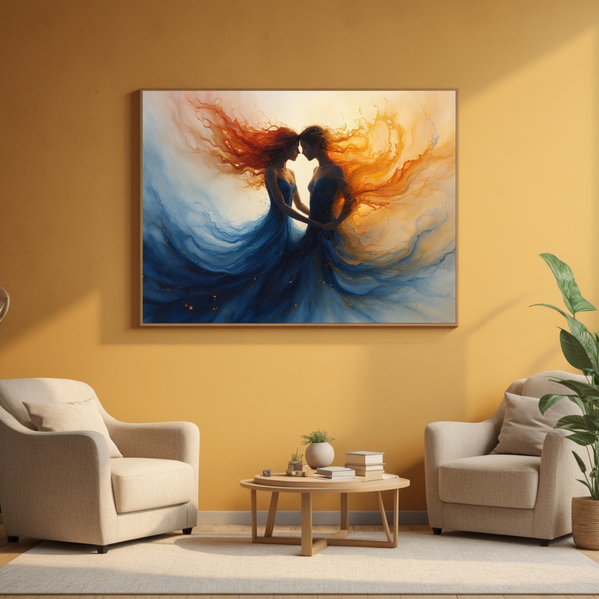 Yin Yang Feminine Energy Wall Art | Fire & Ocean Dress Painting | Spiritual Abstract Canvas