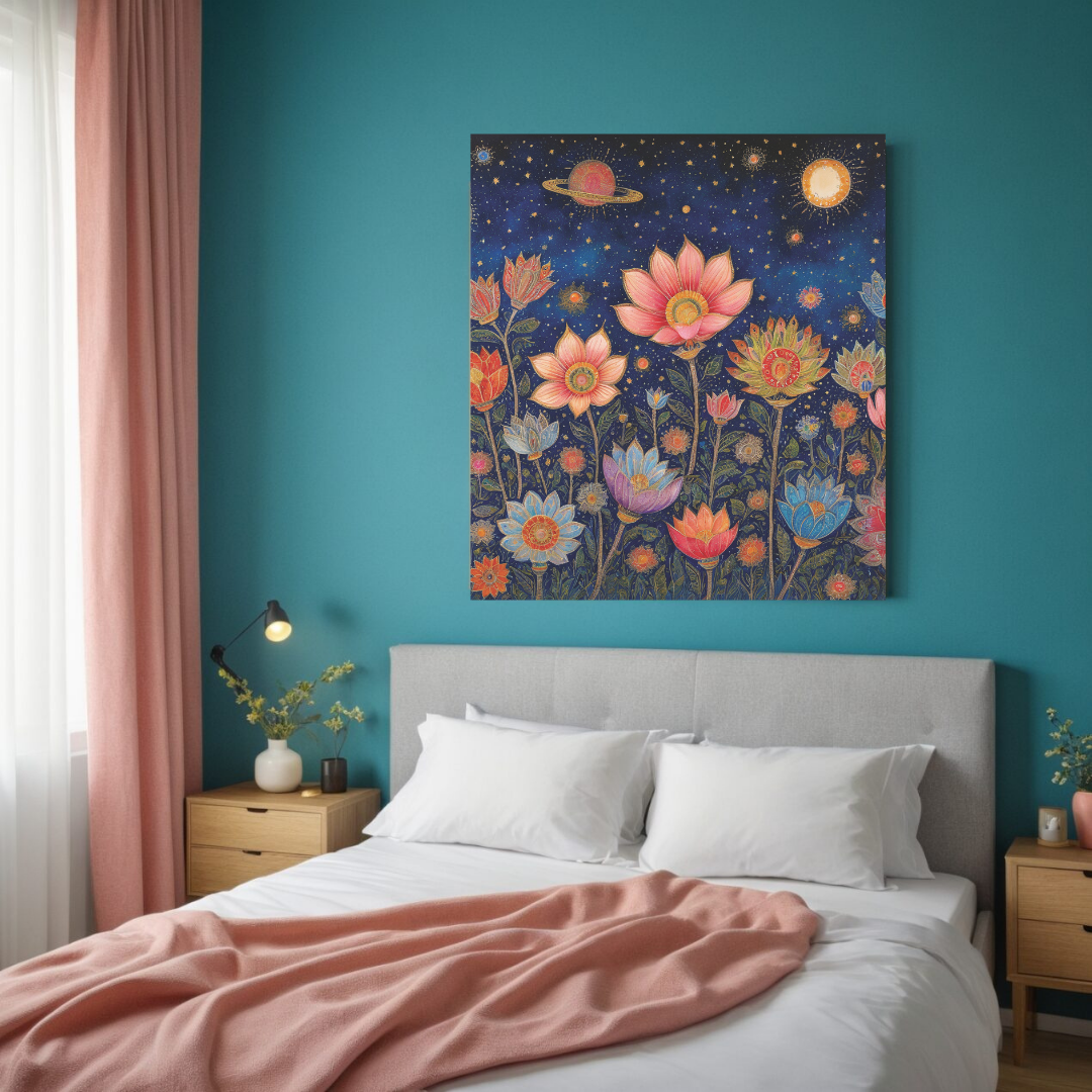 Mystical Floral Night Sky Art | Dreamy Canvas Wall Decor"