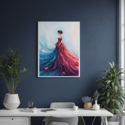 Elegant Woman in Flowing Dress | Red & Blue Abstract Wall Art | Modern Feminine Canvas